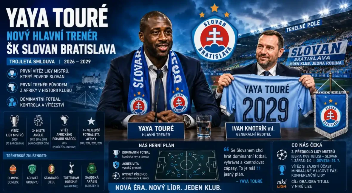 Yaya Touré jako nový hlavní trenér ŠK Slovan Bratislava při oficiálním představení na stadionu Tehelné pole