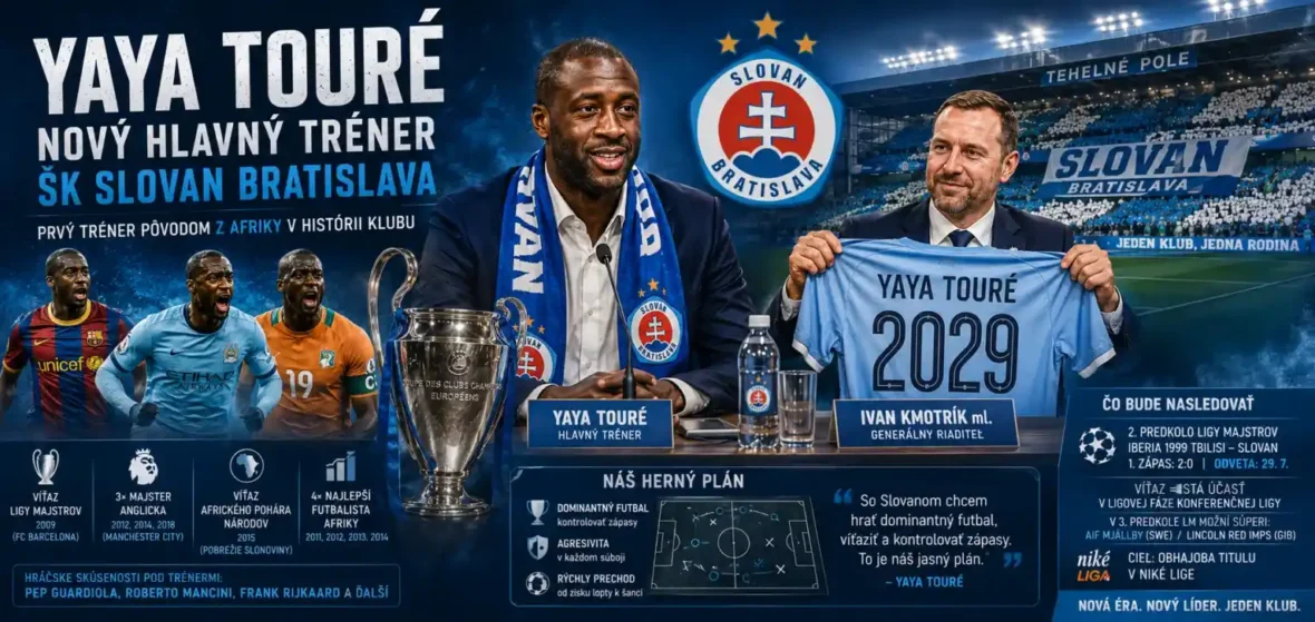 Yaya Touré predstavený ako nový hlavný tréner ŠK Slovan Bratislava počas tlačovej konferencie na Tehelnom poli
